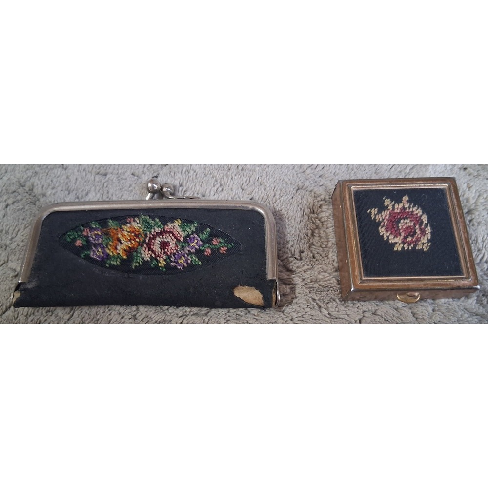 Vtg Mid Century Petit Point Vanity Lot Floral Rose Pill Box Travel Sewing Kit